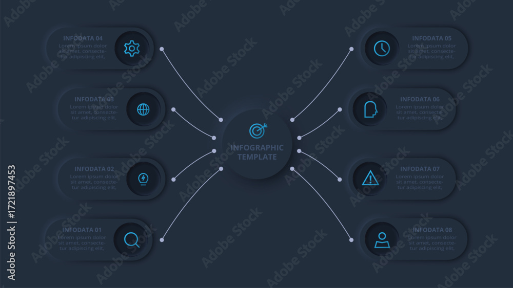Obraz premium Neumorphic flowchart dark iinfographic. Creative concept for infographic with 8 steps or processes.