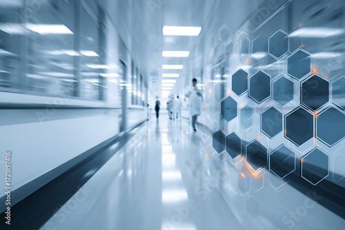 Futuristic medical research concept with doctors in a blurred hospital corridor and a hexagonal data overlay.