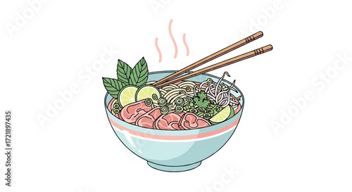 Hand-drawn vector illustration of a steaming bowl of traditional Vietnamese pho noodle soup, garnished with fresh herbs, lime, and chopsticks, embodying delicious Asian cuisine