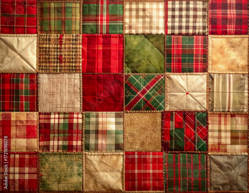 A festive patchwork quilt with red, green, and beige fabric squares evoking a cozy, traditional Christmas feel. Holiday background with copy space.