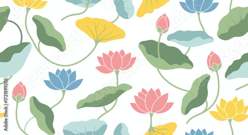 Beautiful seamless floral pattern with delicate pastel lotus flowers and green leaves, ideal for elegant textile designs, decorative backgrounds, and paper crafts