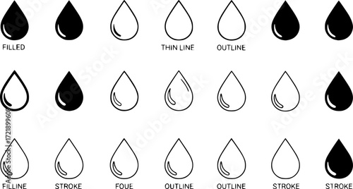 Water drops icon in filled, thin line, outline and stroke style. Vector illustration of two colored and black water drops vector icons designs can be used for mobile, ui, web