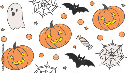 Cute Halloween Vector Pattern with Pumpkins, Ghost, Bats, Spider Webs and Candy