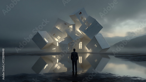 Man in suit observes surreal, abstract houses with glowing windows reflecting in dark, still water under a cloudy sky.