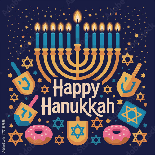 holiday, jewish, celebration, hanukkah, menorah, illustration, candle, vector, background, happy, greeting, religion, judaism, design, card, invitation, festival, decoration, template, traditional, 
