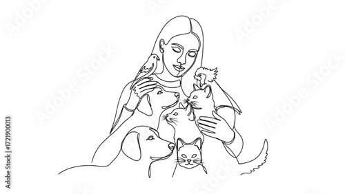 Minimalist Black Line Drawing of Person Interacting with Pets – Continuous Line Illustration