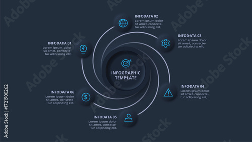 Neumorphic flowchart dark iinfographic. Creative concept for infographic with 6 steps or processes.