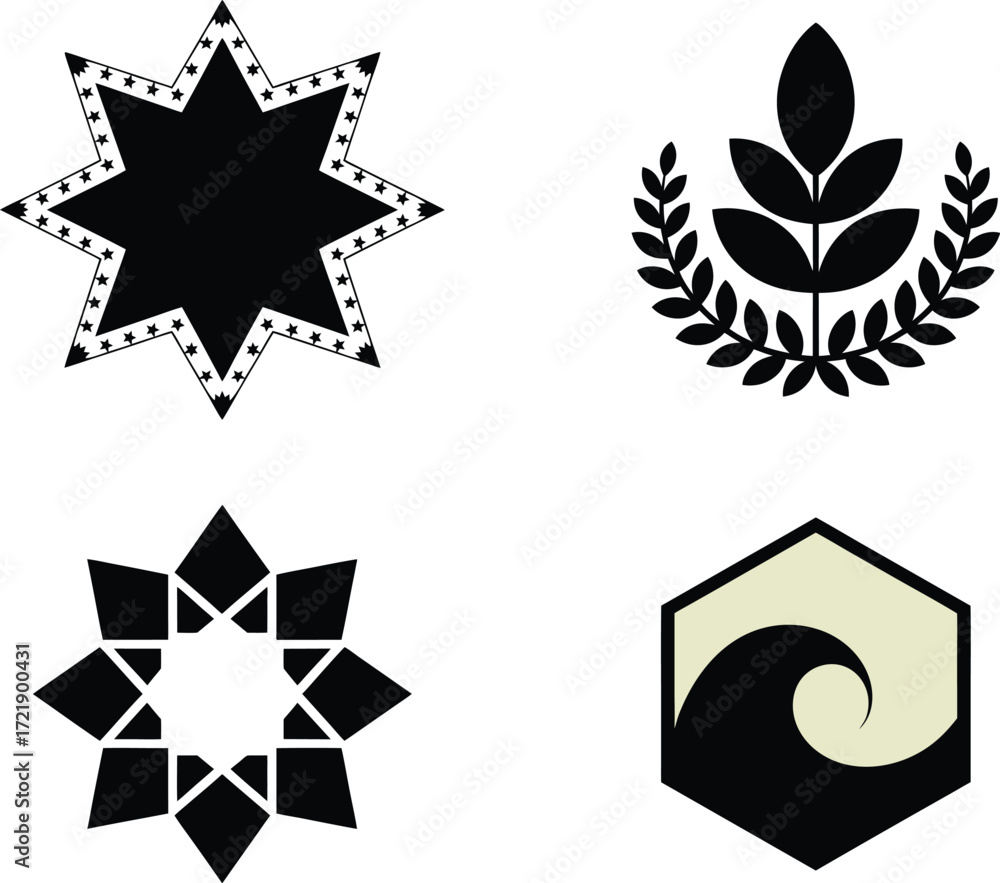 Obraz premium Collection of four distinct black abstract geometric and organic decorative emblems in silhouette