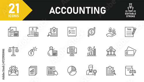 Accounting line icon set. Set of 21 outline icons related to accounting, calculation, tax, income, balance, invoice, payment, taxes and others. Editable stroke. Vector illustration.