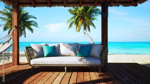 Tranquil beachfront patio furnished with a hammock and a stylish sectional couch, bathed in the warm sunlight.