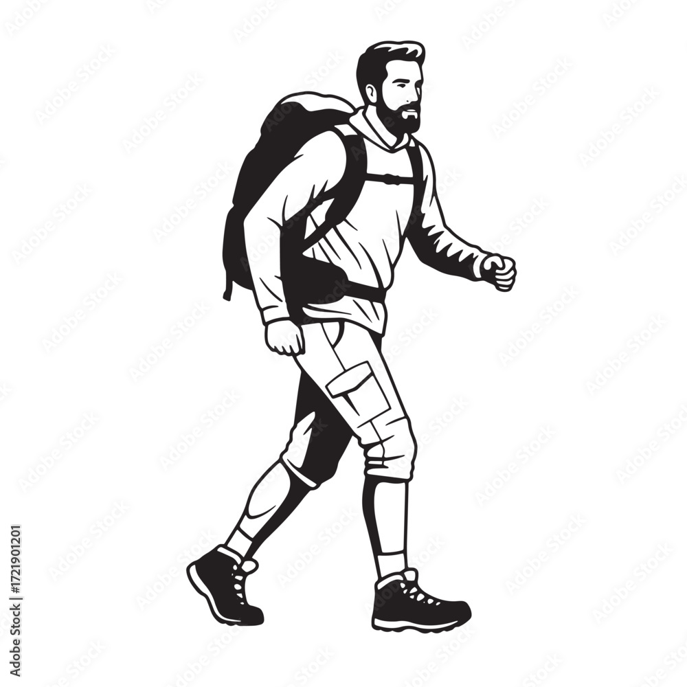 Fototapeta premium Bearded man hiker with backpack walking illustration