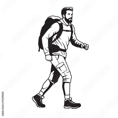 Bearded man hiker with backpack walking illustration