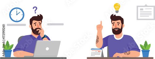 Problem solving concept, idea generation, thinking man, light bulb moment, desk scene, cartoon office, productivity, creative process, business illustration