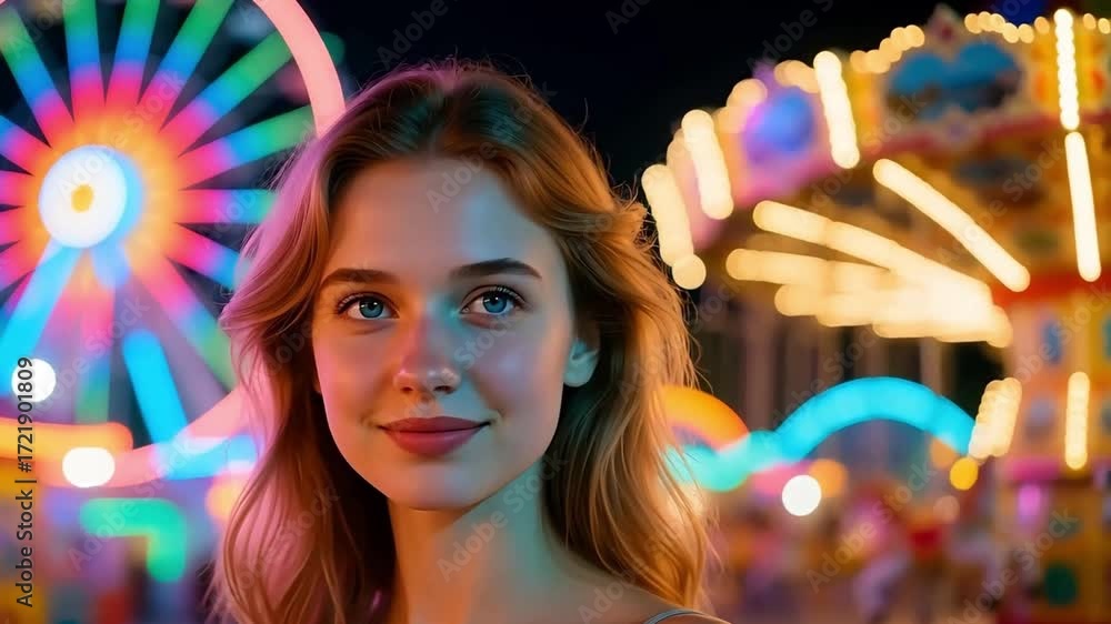 Joven  en un parque de diversiones por la noche