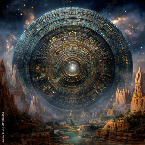 Science fiction alien landscapes with giant mystical hadron colliders and particle accelerators under the stars.