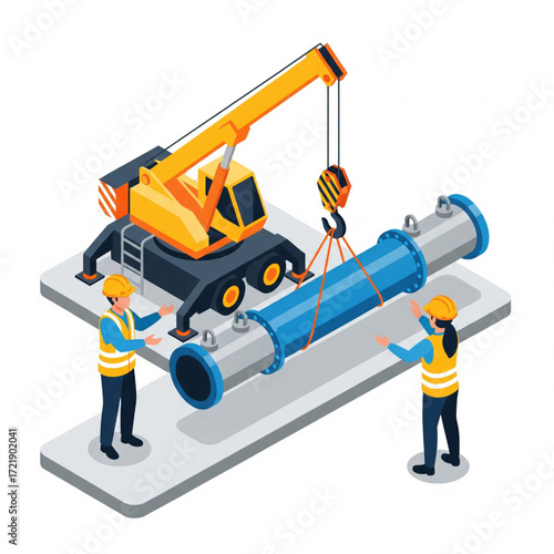 Isometric Vector Illustration of Construction Workers Installing Pipeline with Mobile Crane – Industrial Engineering and Infrastructure Concept
