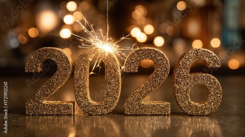 a glittering golden 2026 display is illuminated by a sparkling firework against a softly blurred festive background.