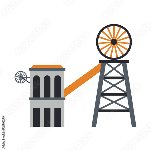 Industrial mining facility illustration with headframe and building for resource extraction