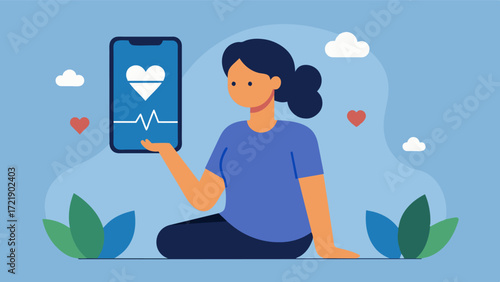 A person using a cognitive therapy app for guided breathing exercises with a heart rate monitor on their phone to track progress. Vector illustration