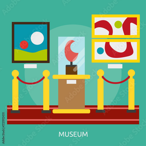 Modern art museum exhibition with colorful abstract paintings and a central sculpture