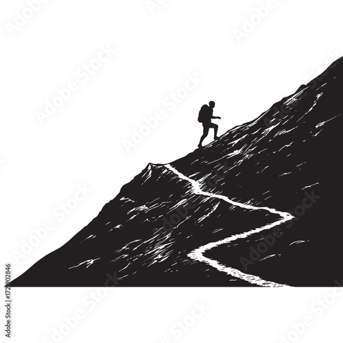 Hiker Ascending Winding Mountain Path Silhouette trail
