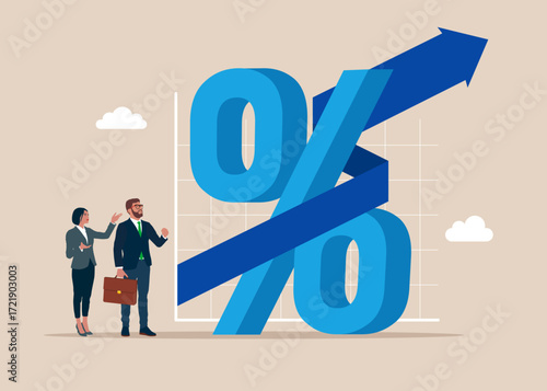 Businesspeople with percent and arrow up. Interest rate hike due to inflation percentage rising up. Vector flat illustration