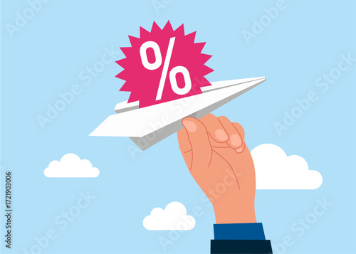 Sale with excellent offer shopping. Price with interest rate and paper plane for online shopping. Interest rate locked in banking. Flat vector illustration