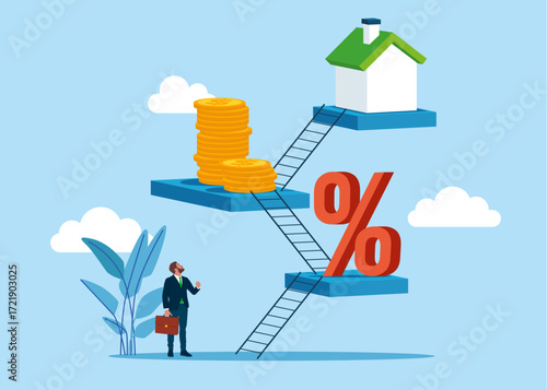 Percent, coins and home. Real estate investment. Business loans for real estate, residential finance economy. House mortgage calculation. Vector flat illustration