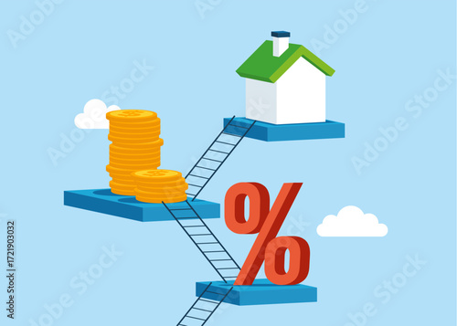 Real estate investment. Business loans for real estate, residential finance economy. House mortgage calculation. Percent, coins and home. Vector flat illustration