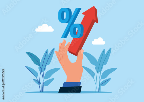 Percent up.Showing a arrow and Interest icon. Interest, financial and mortgage rates. Profit price increase in trading and fixed cost concept. Interest rate forecast. Flat vector illustration