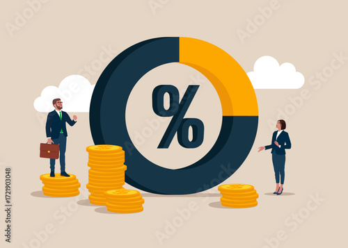 Business people with diagram, golden coins and a percentage sign for finance and business. Search for investment profit or banking loan payment concept, Interest rate forecast. Vector illustration