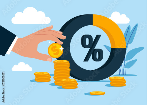 Diagram with golden coins and a percentage sign for finance and business. Search for investment profit or banking loan payment concept, Interest rate forecast. Vector flat illustration