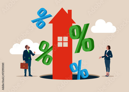 House and arrow pointing up. Increasing home loan interest rates. Mortgage, investment, residential finance economy, home property investment, saving money. Flat vector illustration.
