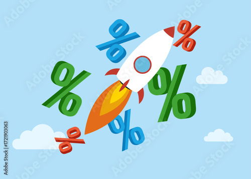 Arrow as an rocket pointing up with percent signs. Interest rate hike due to inflation percentage rising up. Vector flat illustration