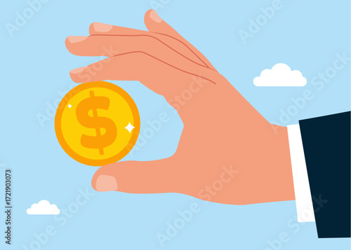 Hand holding the dollar coin. Achieving financial freedom, economic forecast concept. Vector flat illustration
