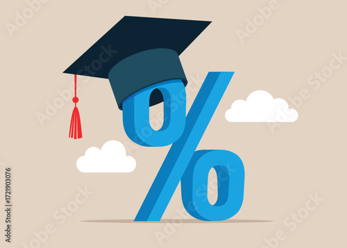 Mortarboard on percentage symbol. Payment for education. Tuition fees, scholarship. Vector flat illustration