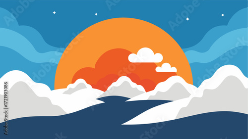 A sunset over a snowcovered landscape with the icy terrain symbolizing the difficulty in navigating through cognitive decline.. Vector illustration