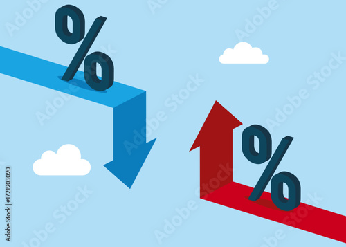 Up and down arrows with percentage sign. Decrease and increase interest. Financial instability and stock market crash. Vector flat illustration