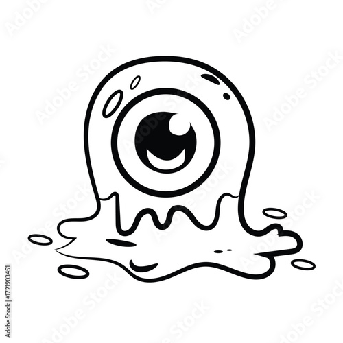  A cute and friendly cartoon monster with a single big eye that is melting and dripping liquid