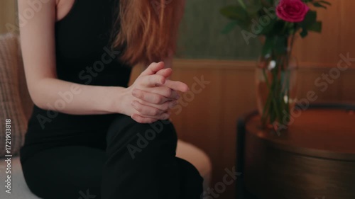 Woman closeup with hands for therapy, stress in support, challenge, anxiety at home, nails or feeling with expression, anticipation for empath experiencing a panic attack, emotional distress at home