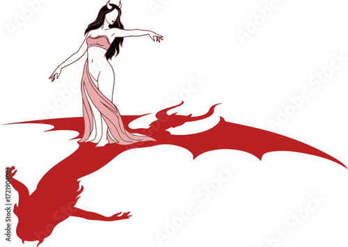 Dragon shadow with woman on white background