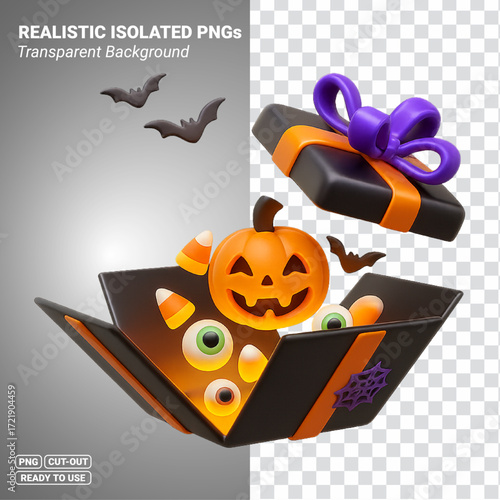 3D Halloween Surprise Gift Box with Pumpkin Bats Candy and Eyeballs Transparent PNG file ready to be used.