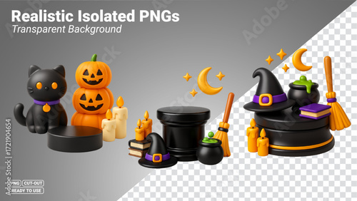 3D Halloween Cat Pumpkins Witch Hat Cauldron Podium Scene Transparent PNG file ready to be used.