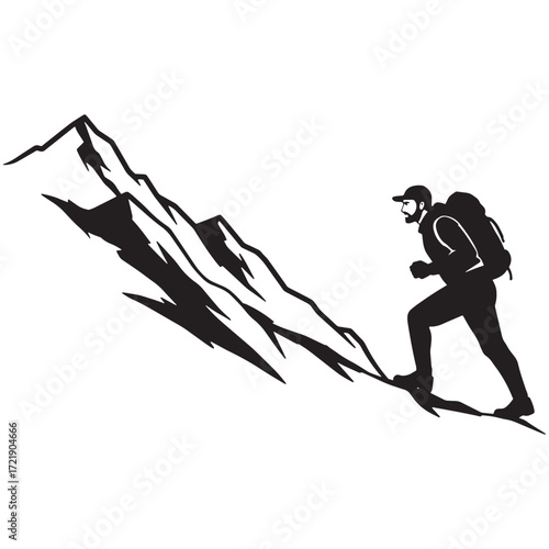 Silhouette hiker ascending steep mountain vector graphic Keywords: hiker, silhouette, mountain