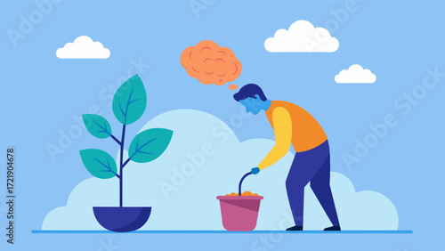 A person planting a seed in their brain symbolizing the opportunity for growth and improvement through attending CBT sessions.. Vector illustration