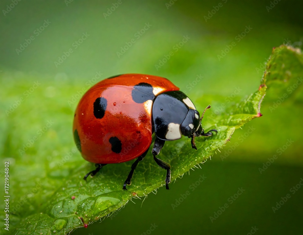 Fototapeta premium Ladybug on a dewy leaf