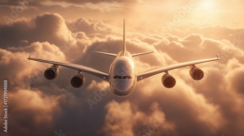 a gleaming passenger airplane ascends through a dramatic sky filled with swirling orange and brown clouds bathed in golden sunlight.