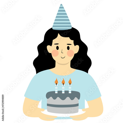 Birthday Girl Holding Cake with Party Hat
