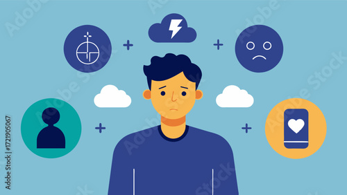 A person with depression using life story work to identify patterns and triggers in their life and develop better coping mechanisms promoting mental health and wellbeing.. Vector illustration
