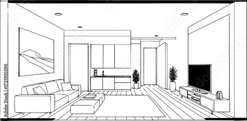 Architectural Drawings, elevation vector interior, living room illustration, side view, sofa, rug, tv, Minimal style hand drawn. Sections, Elevations, Floor Plans. 
